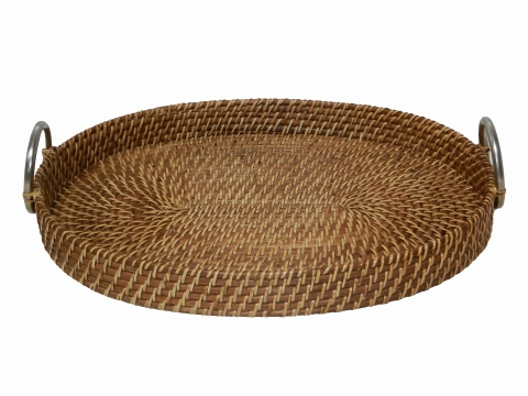 Oval rattan serving tray with metal handles